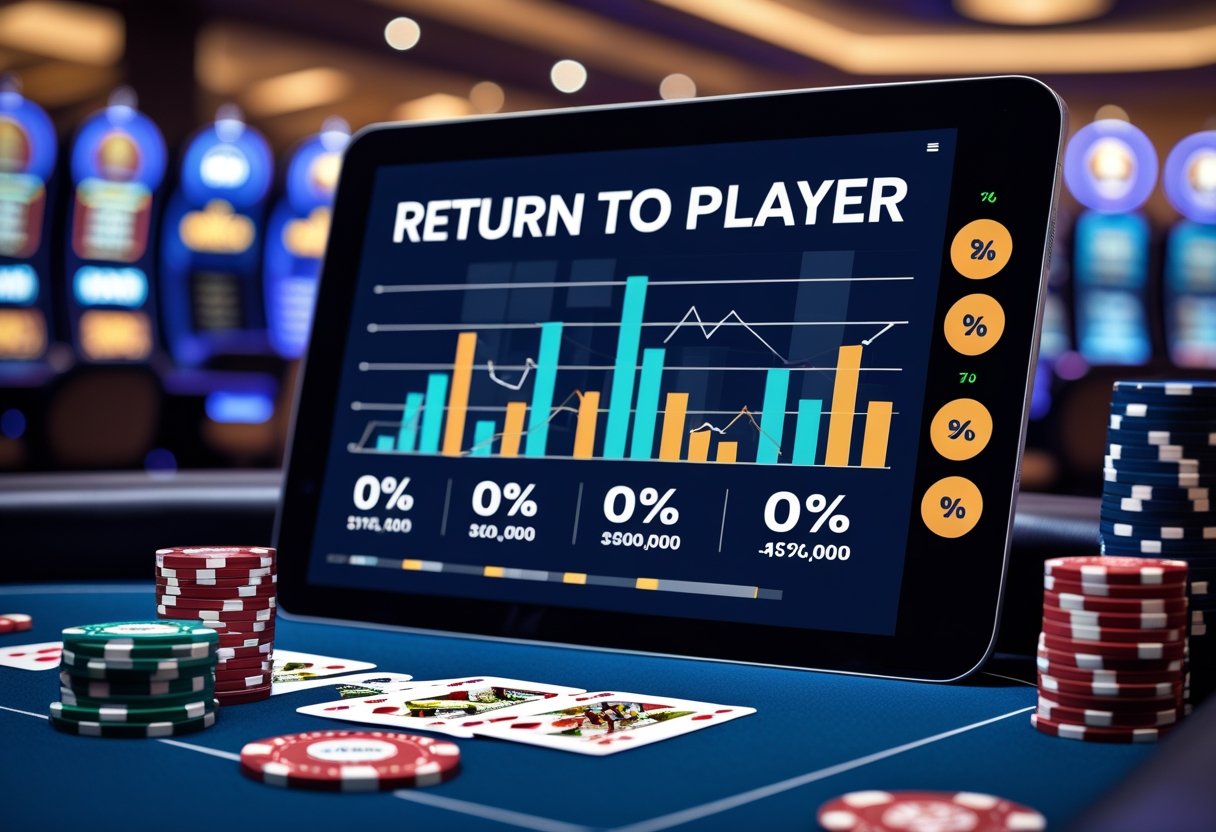 A close-up of a casino gaming table with poker chips, playing cards, and a digital screen showing graphs and percentages related to payout rates.