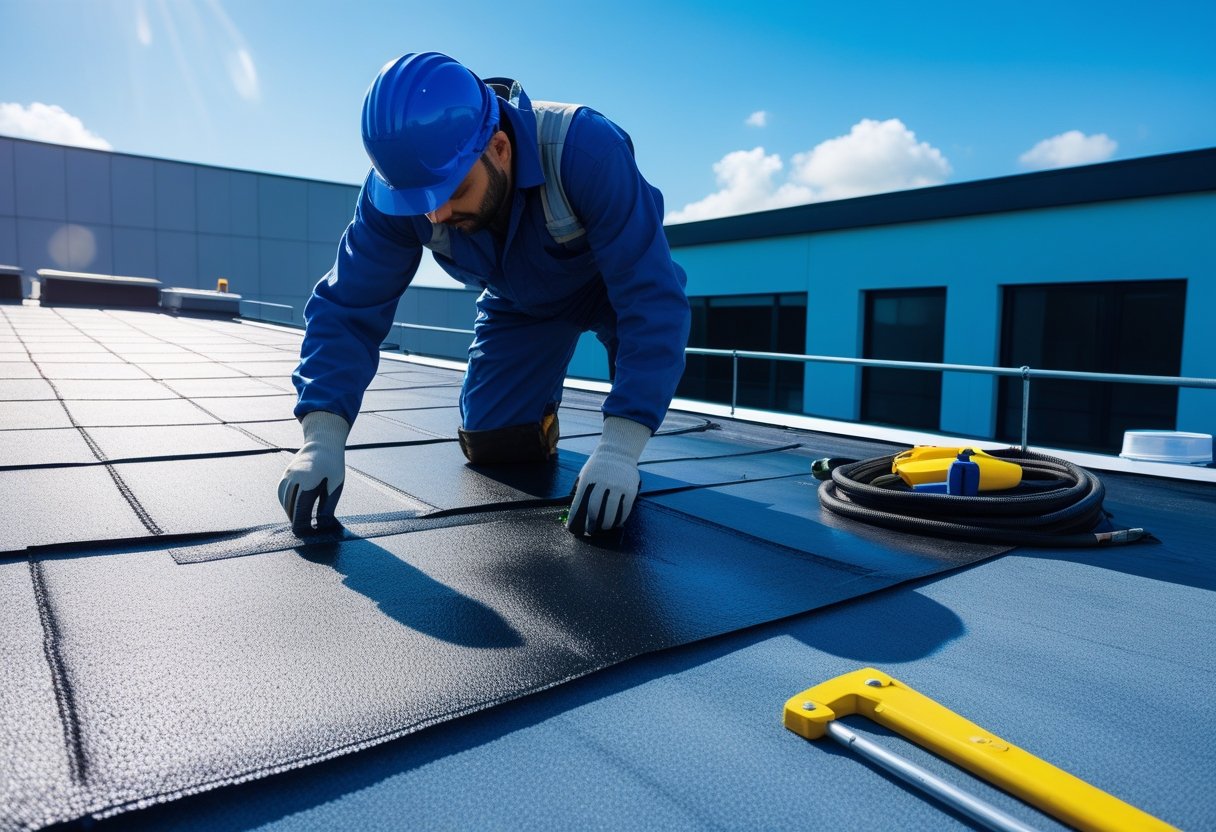 Un trabajador aplicando impermeabilizante en un tejado bajo un cielo despejado, con un edificio moderno al fondo.