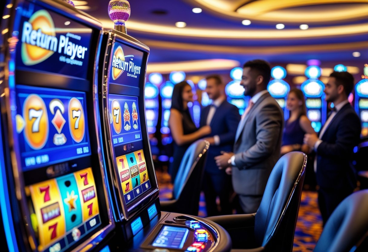 Close-up of a slot machine in a casino with people playing games in the background.