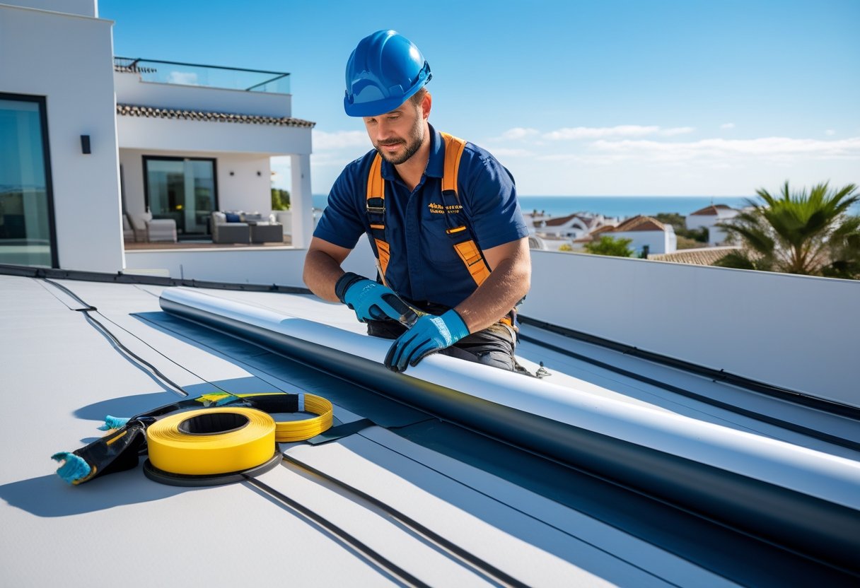 Un contratista inspeccionando el techo de un edificio residencial en Huelva con equipo de seguridad y materiales de impermeabilización.