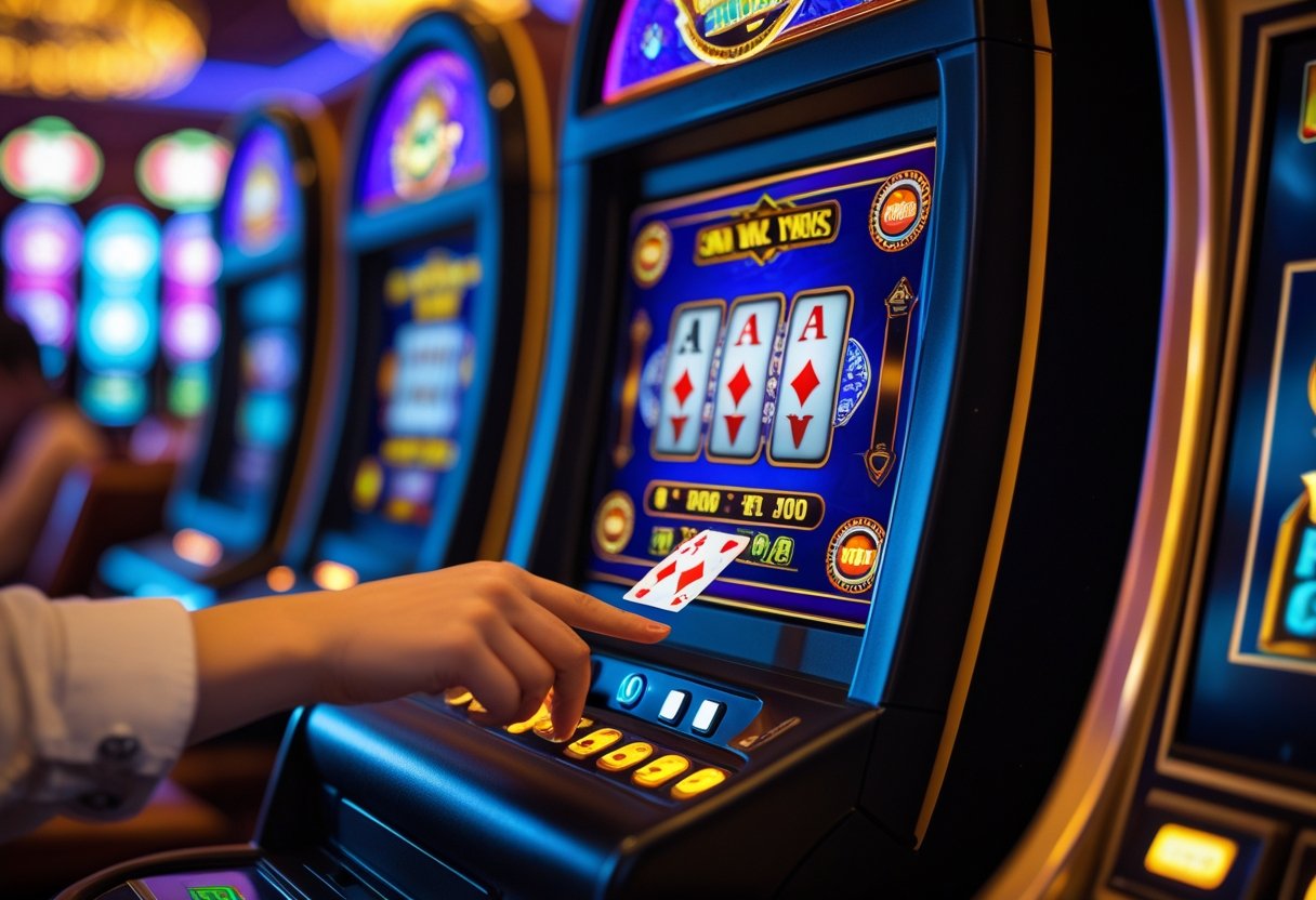 Close-up of a person playing a video poker machine in a casino with colorful cards and chips visible.