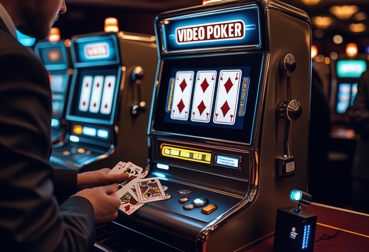 A vintage video poker machine with a hand holding marked cards and a small hidden device nearby in a casino setting.
