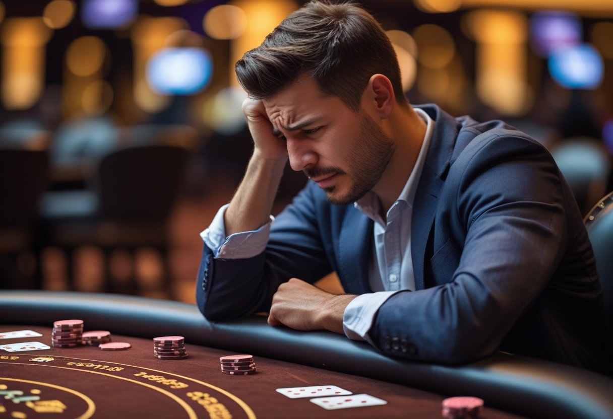 A man sitting at a poker table looking frustrated with scattered poker chips and cards in front of him.