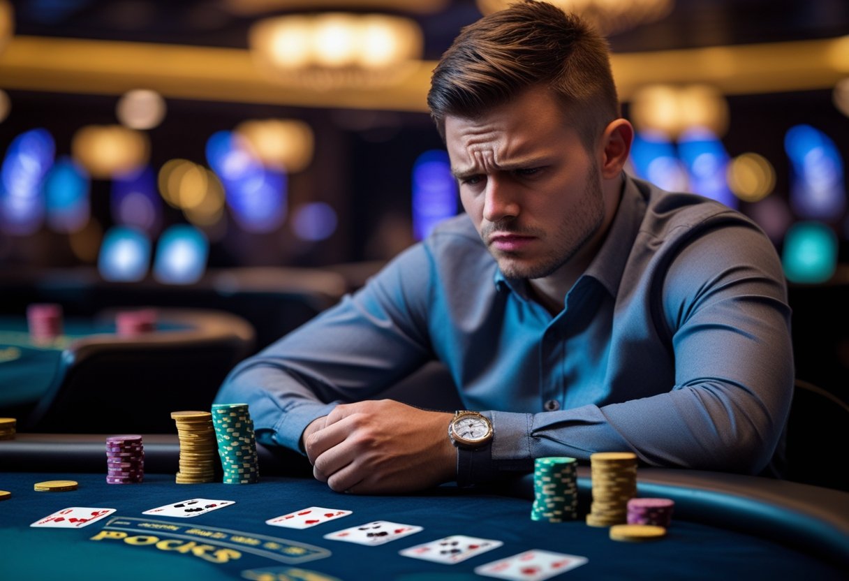 A man sitting at a poker table looking frustrated with scattered poker chips and cards in front of him.