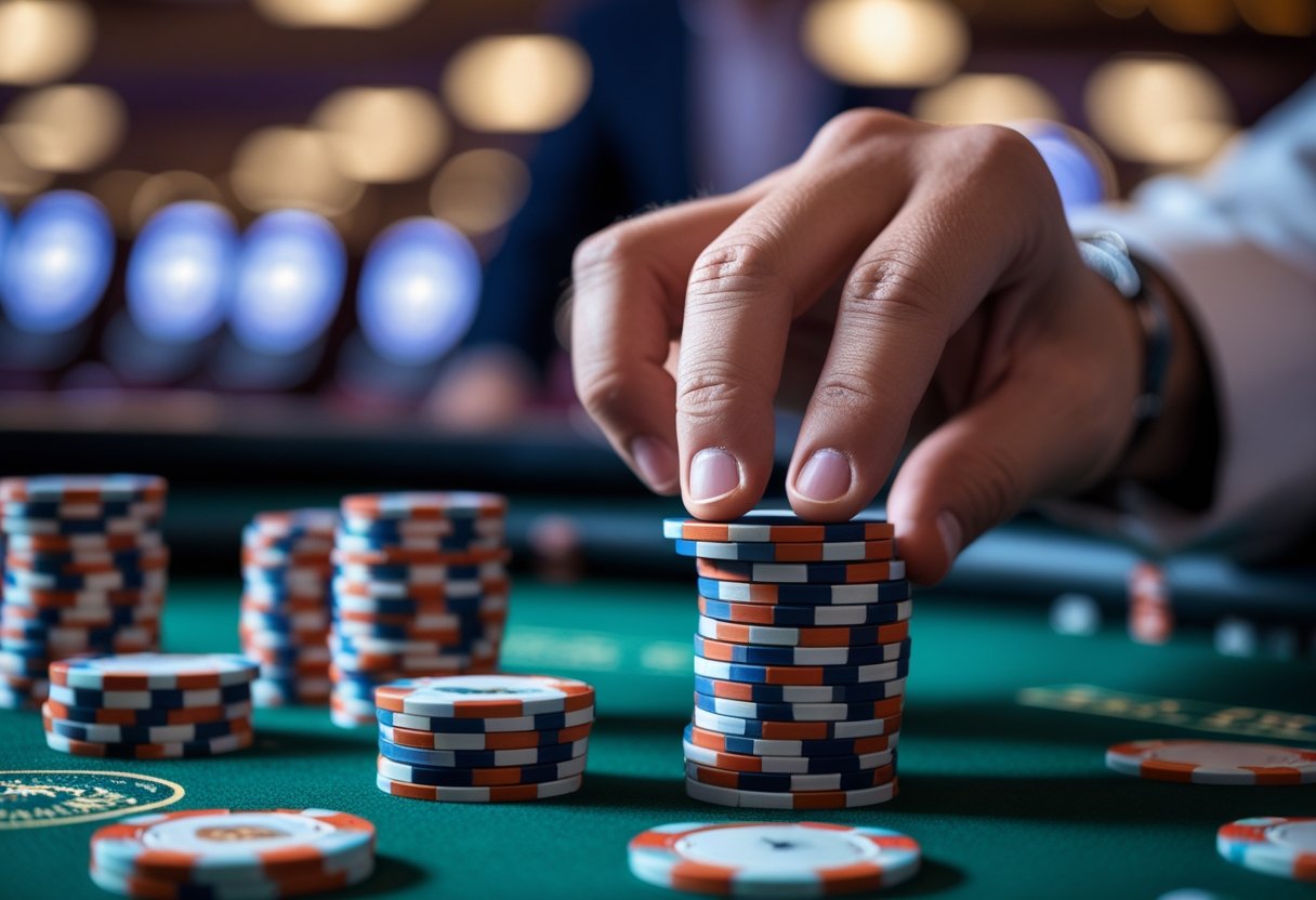 Close-up of a person's hand placing poker chips on a casino table with stacks of chips in front, indicating repeated bets.