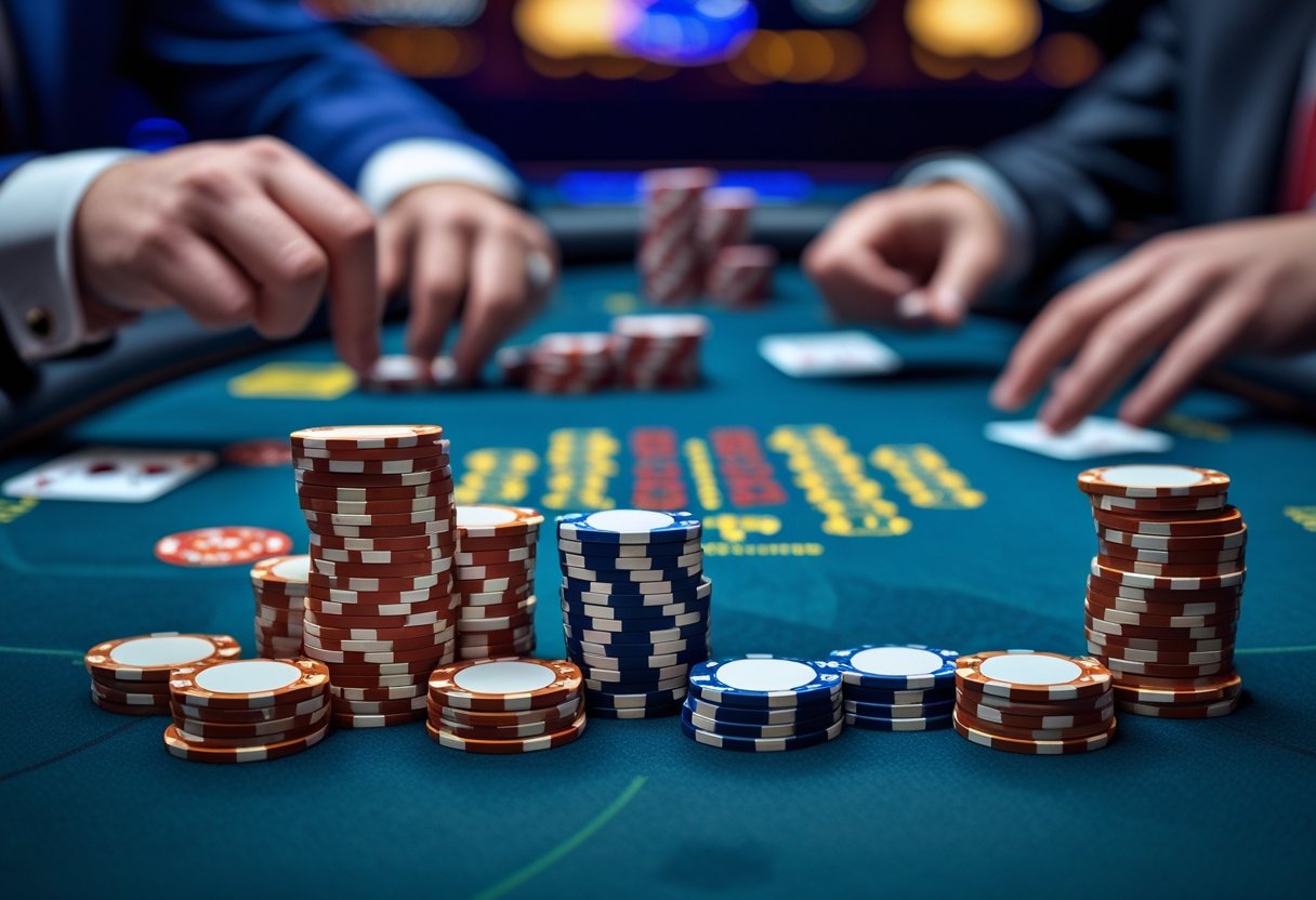 Close-up of hands placing repeated poker bets with stacks of chips on a casino table.