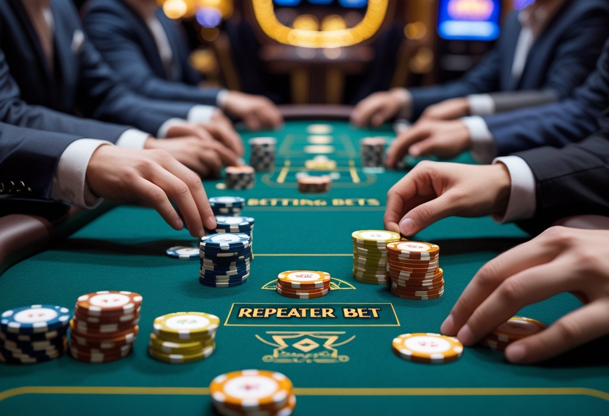Close-up of players placing chips on a casino gaming table during a card game, showing repeated betting patterns.