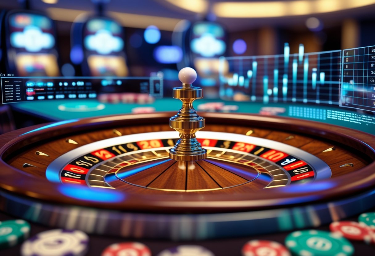 Close-up of a spinning roulette wheel with a white ball in motion and digital simulation elements around it.