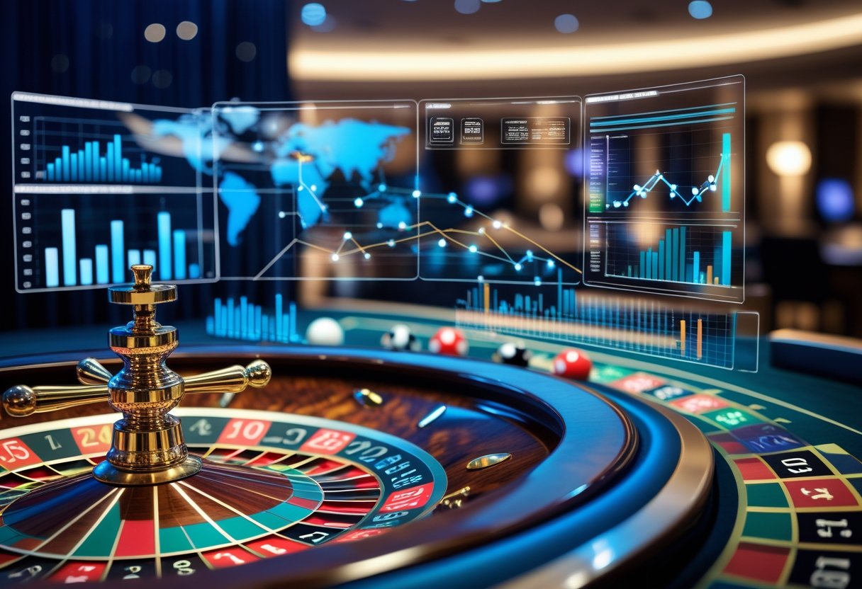 Close-up of a roulette wheel spinning with digital charts and graphs overlayed, set in a casino environment.