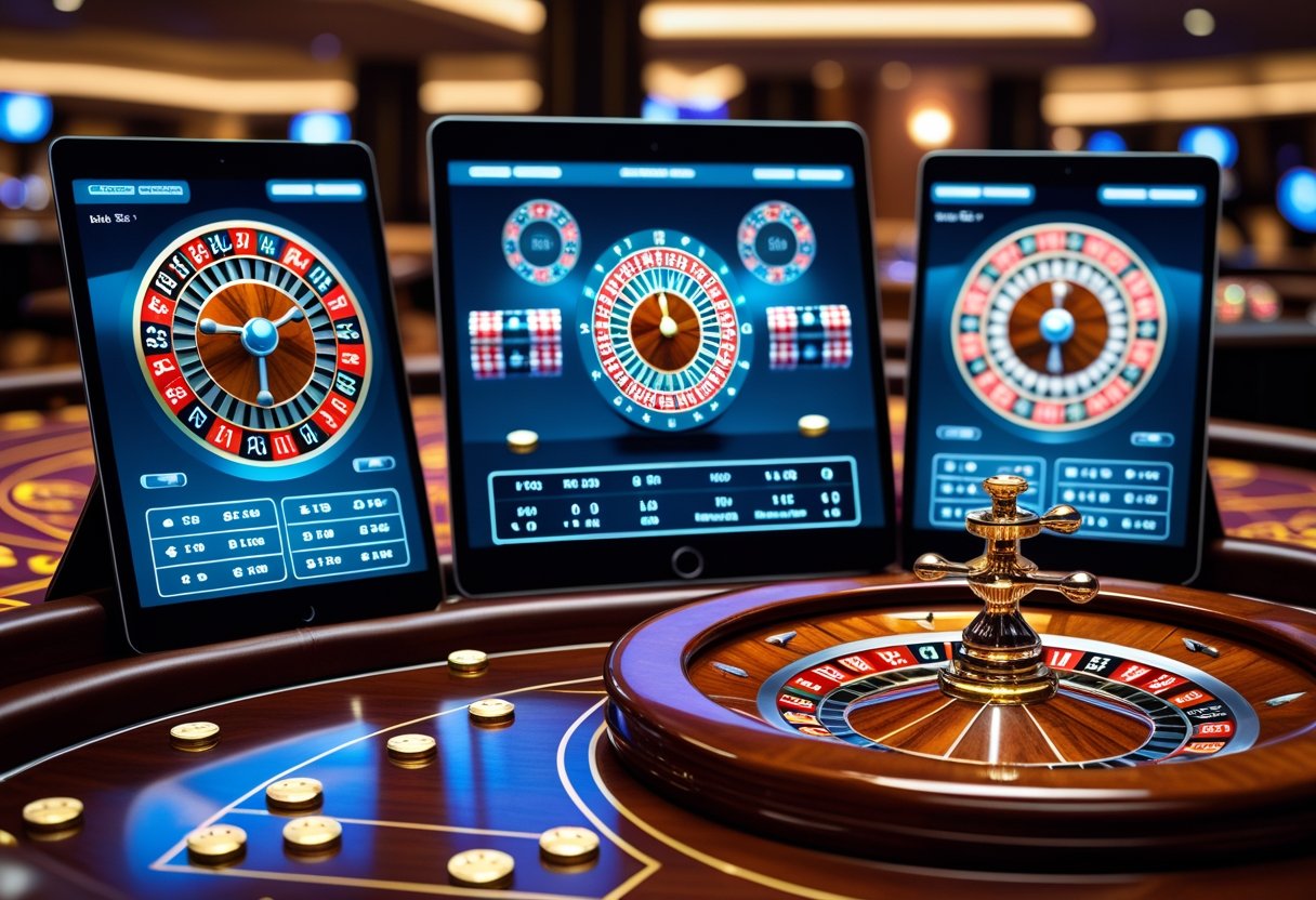 A casino table with different types of roulette wheels and digital screens showing roulette simulations.