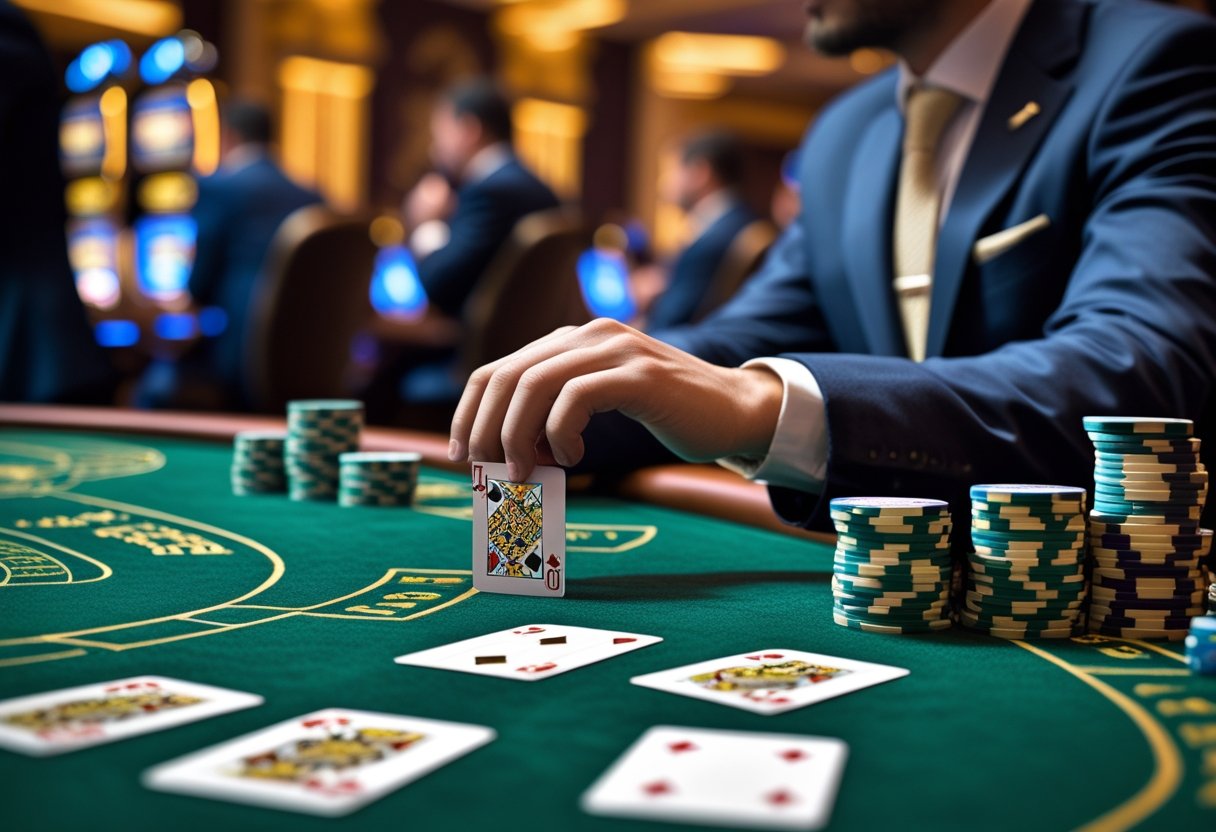 A person in a suit closely examining Baccarat cards and chips on a casino table.