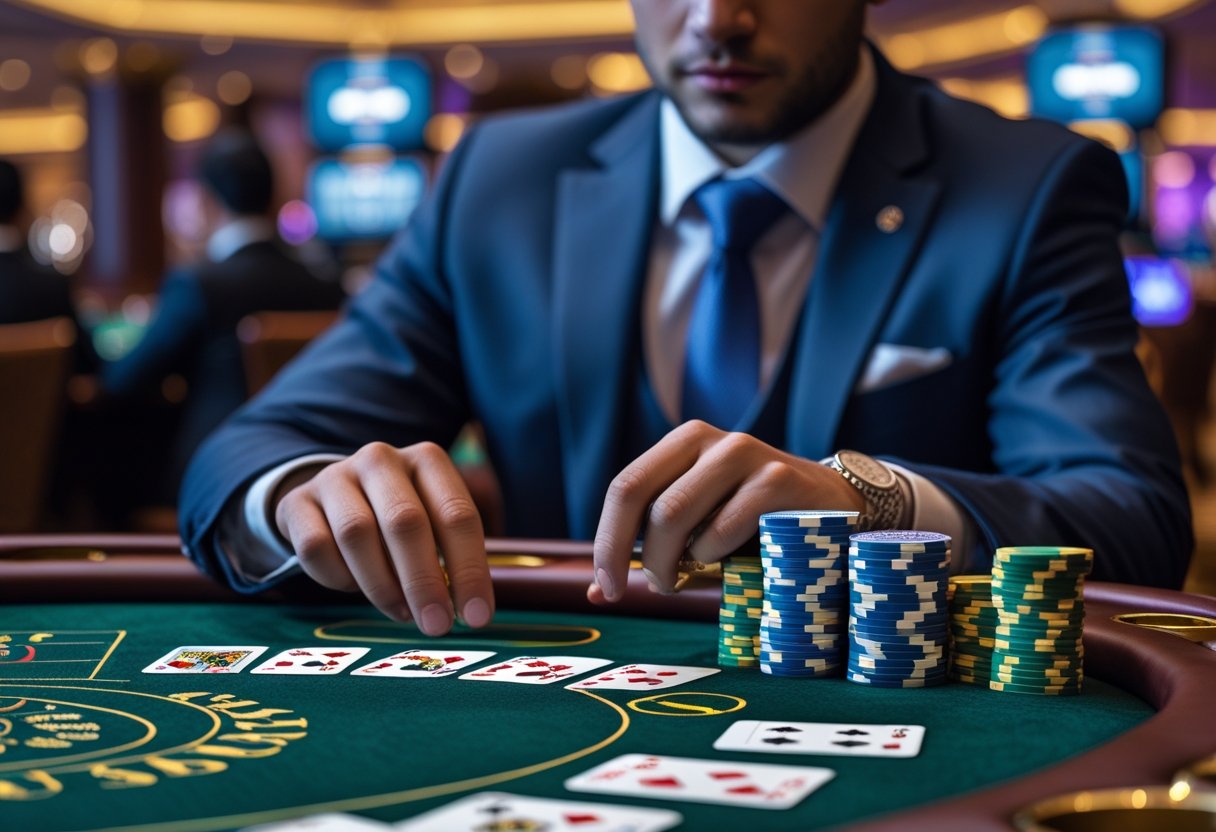 A close-up of a Baccarat table with playing cards and casino chips, and a player in a suit observing the cards thoughtfully.
