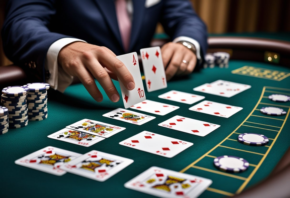 A person at a baccarat table in a casino, looking at playing cards and chips while the dealer deals cards.