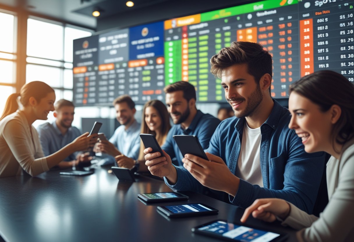 People placing bets on sports using smartphones and tablets in a modern sports betting lounge with large screens showing live sports odds.
