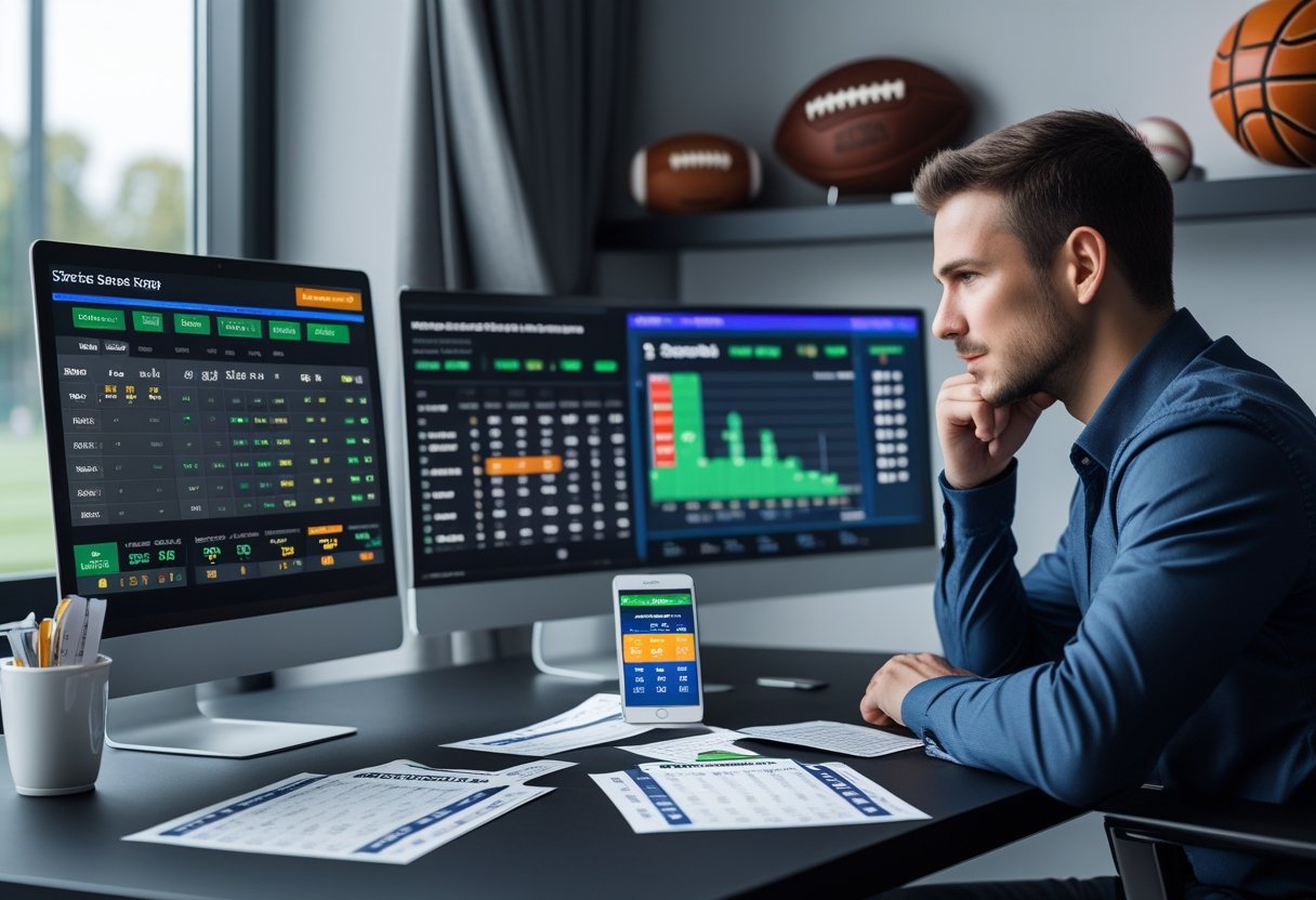 A person analyzing sports betting odds and statistics on multiple digital screens in a modern room with sports equipment nearby.