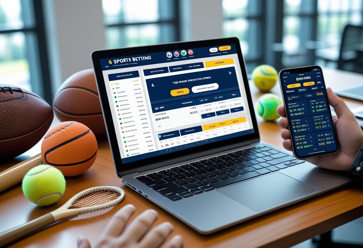 A person using a laptop and smartphone with sports equipment nearby, showing a sports betting setup on a wooden desk in a bright office.