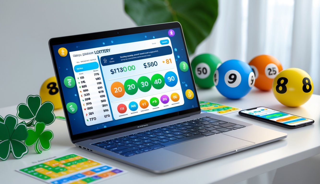 Seorang pengguna duduk di depan laptop dengan layar menampilkan angka dan grafik lotere, dikelilingi bola lotere berwarna dan tanaman keberuntungan di meja kerja.