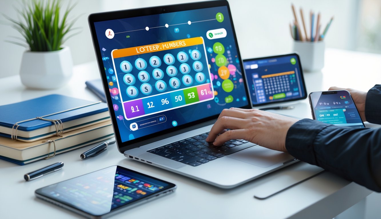 Meja kerja dengan laptop yang menampilkan antarmuka permainan togel online, dikelilingi oleh buku catatan dan ponsel, dengan tangan seseorang yang sedang menggunakan laptop.