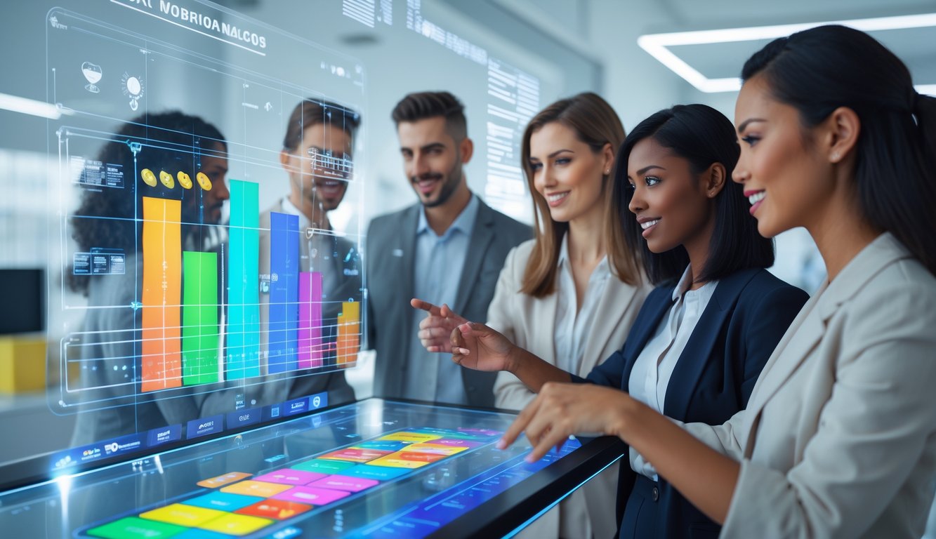 Sekelompok orang muda menggunakan antarmuka digital modern untuk memprediksi angka togel secara online di sebuah kantor yang terang dan futuristik.