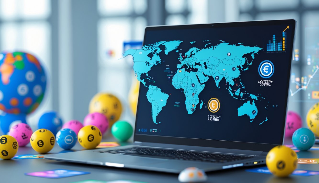 Seorang profesional sedang menggunakan laptop dengan peta dunia digital yang menyoroti pasar togel populer dari Asia hingga Eropa di meja kerja modern.