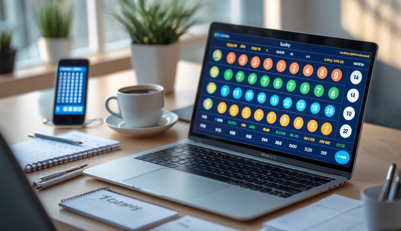 Meja kerja dengan laptop menampilkan antarmuka angka togel, catatan, pena, dan secangkir kopi, menggambarkan suasana fokus dan perencanaan strategi bermain angka keberuntungan.