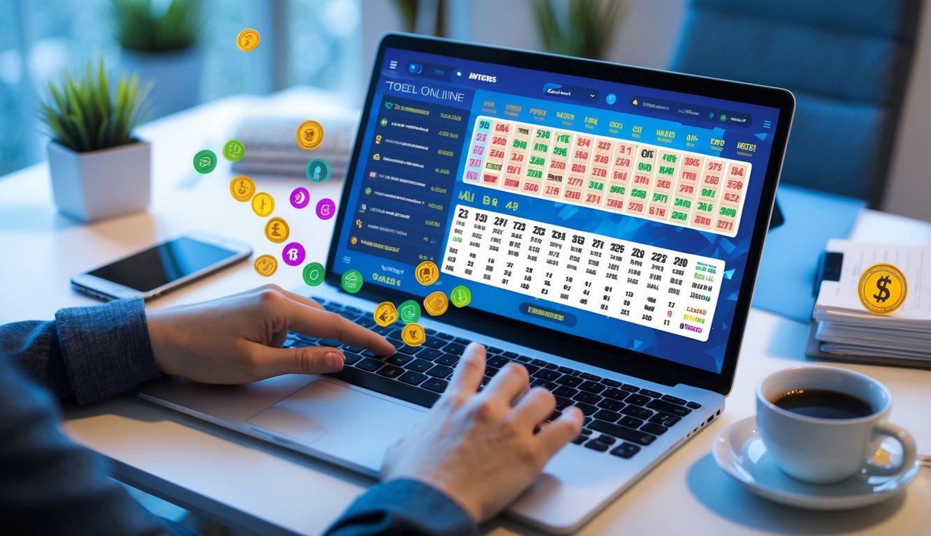 Seorang pengguna sedang berinteraksi dengan laptop yang menampilkan antarmuka angka lotere online di meja kerja yang rapi dengan kopi dan ponsel di sampingnya.