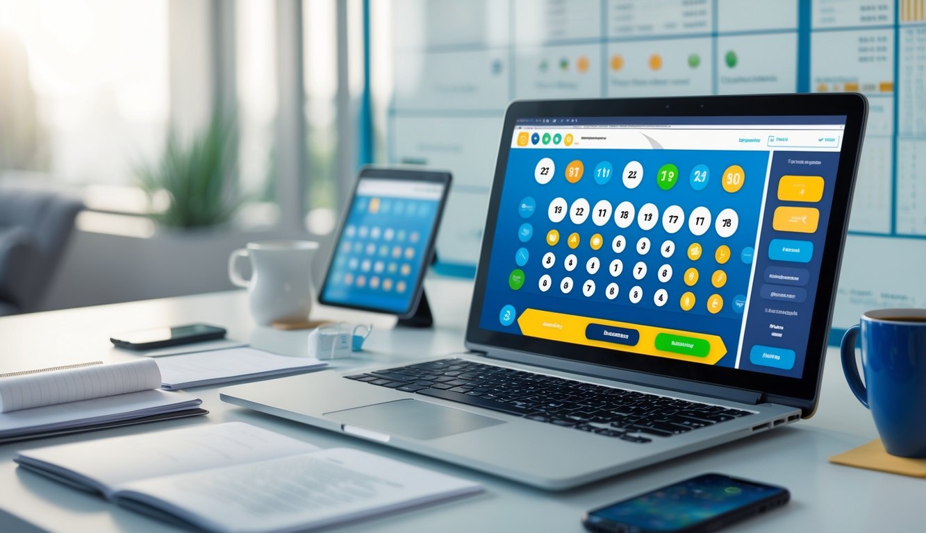 Meja kerja dengan laptop yang menampilkan antarmuka taruhan angka, dikelilingi catatan, ponsel, dan cangkir kopi di ruangan dengan pencahayaan alami.