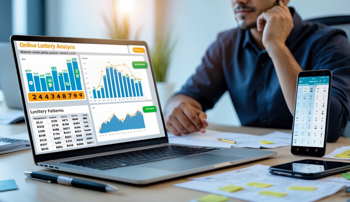 Seorang pria duduk di meja kerja dengan laptop yang menampilkan grafik dan data analisa hasil undian togel, di sekitarnya terdapat catatan dan ponsel dengan hasil undian terbaru.