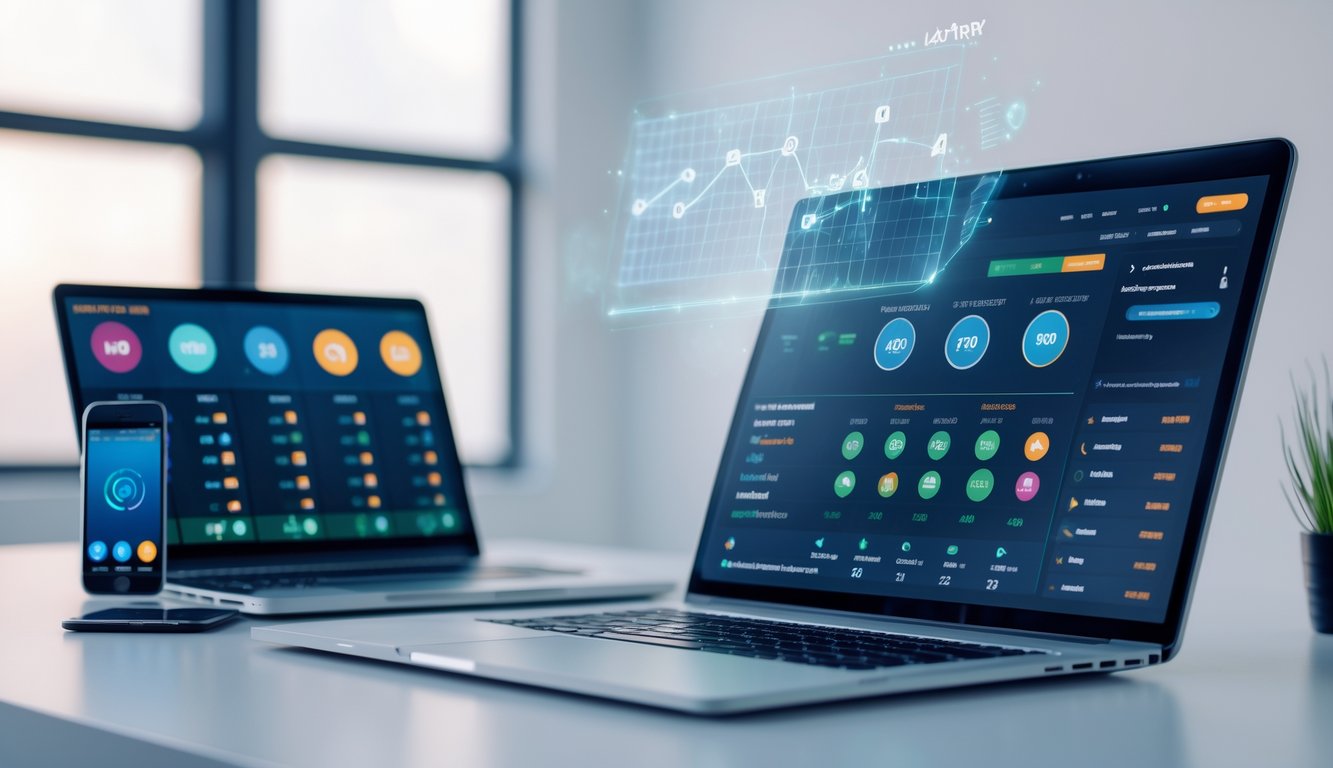 Seorang profesional menggunakan laptop di meja kerja modern dengan tampilan grafik dan perangkat teknologi di sekitarnya.