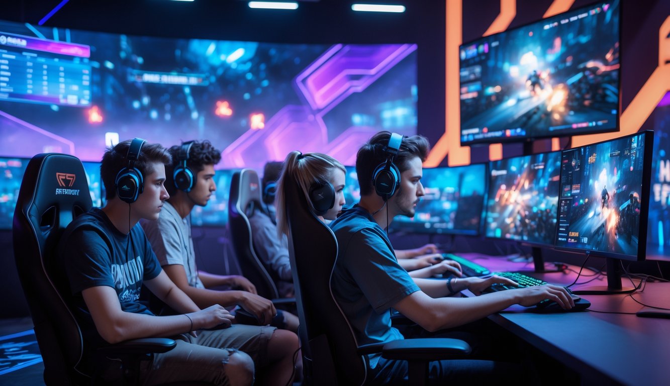 Sekelompok orang muda fokus bermain game kompetitif di studio gaming dengan layar besar dan pencahayaan berwarna biru dan ungu.