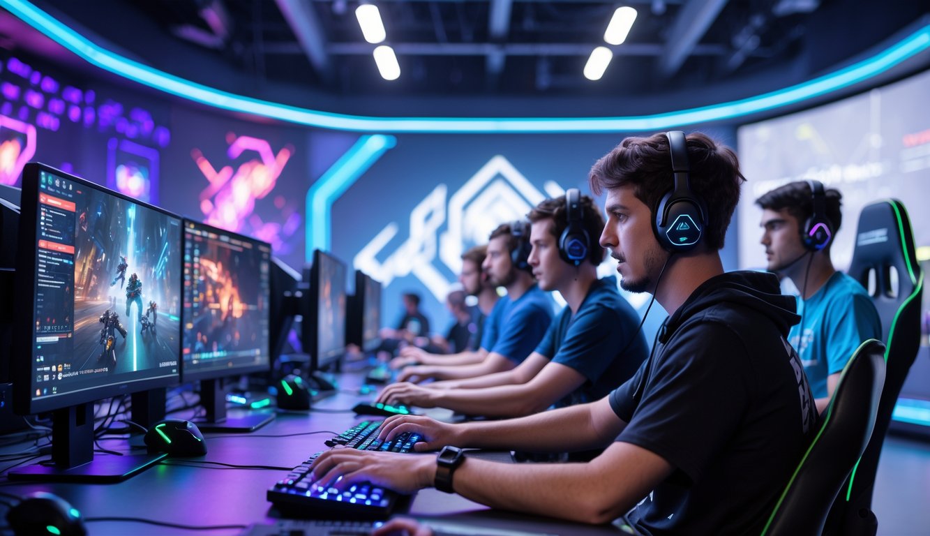 Sekelompok orang muda bermain game esports di arena digital modern dengan komputer dan pencahayaan warna-warni.