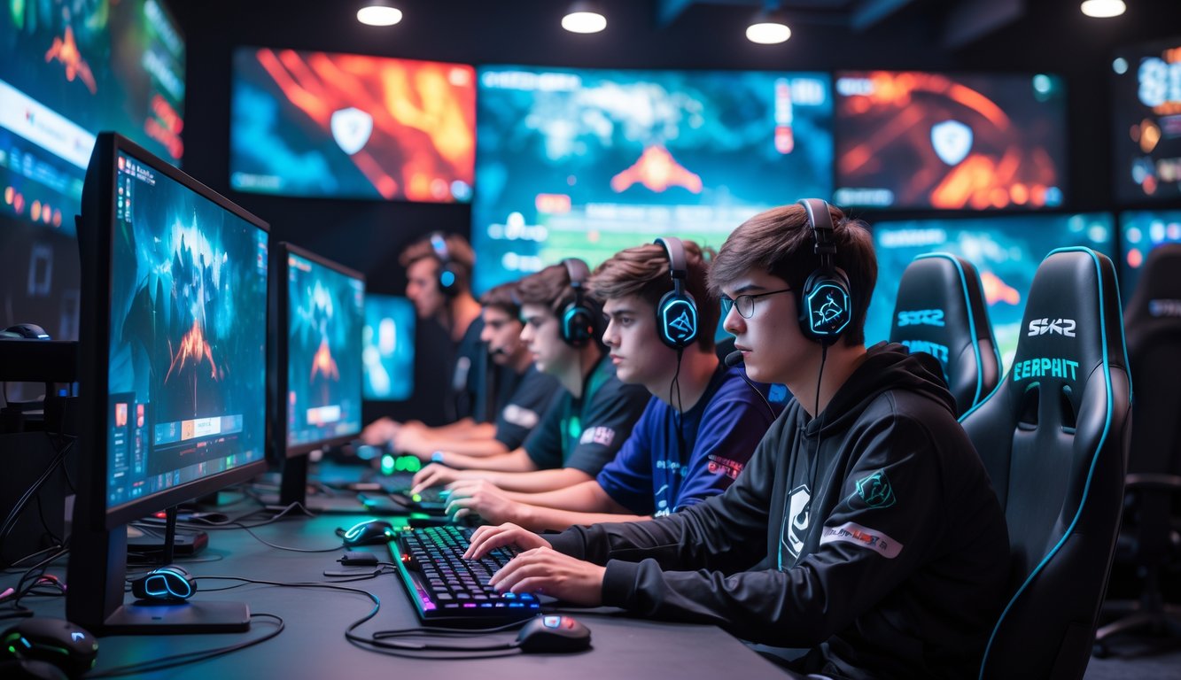 Sekelompok pemain muda sedang fokus bermain game e-sports di ruang gaming modern dengan layar dan peralatan game canggih.