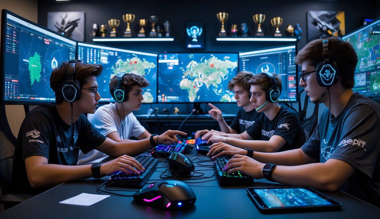 Sekelompok pemain muda sedang fokus bermain dan berdiskusi strategi e-sports di depan layar komputer dengan peralatan gaming lengkap.