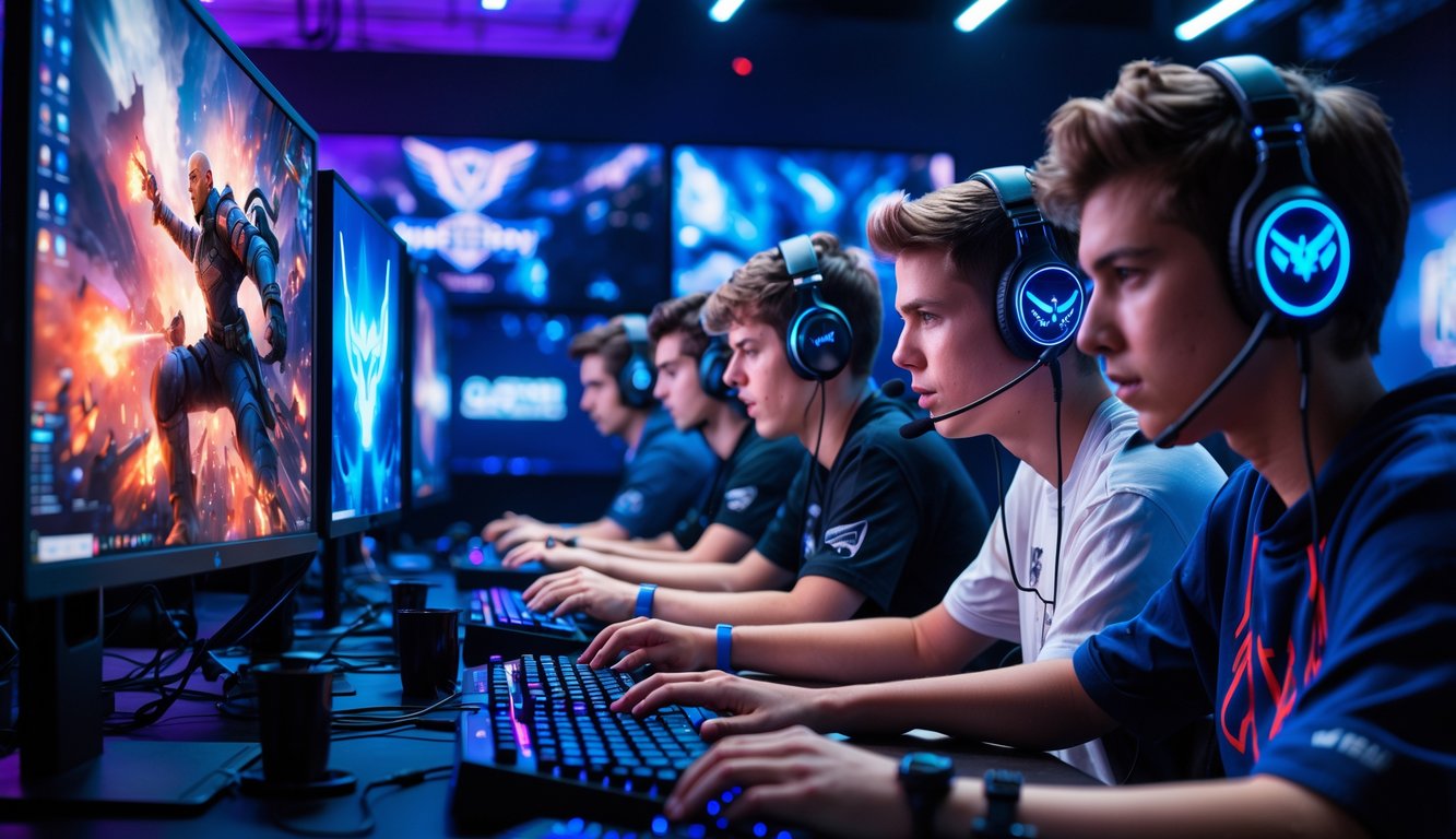 Sekelompok pemain muda sedang bermain permainan video kompetitif di ruang gaming dengan komputer dan lampu LED berwarna biru dan ungu.