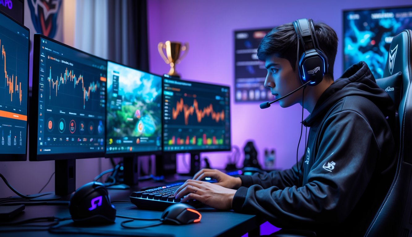Seorang gamer muda fokus bermain di depan beberapa monitor dengan tampilan permainan e-sports dan grafik analisa pertandingan profesional di ruangan dengan pencahayaan ambient biru dan ungu.