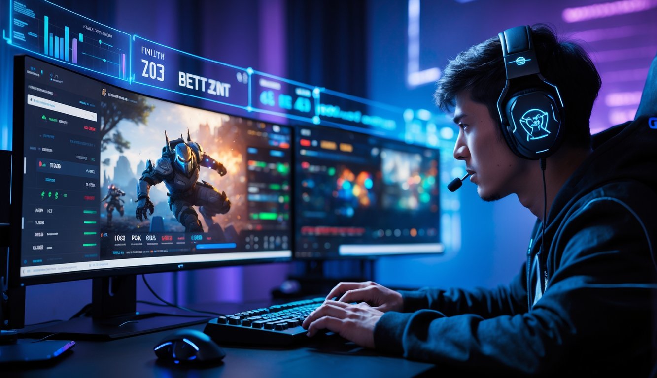 Seorang pemain muda fokus bermain game di depan beberapa monitor dengan tampilan permainan kompetitif dan elemen digital yang menunjukkan strategi dan taruhan.