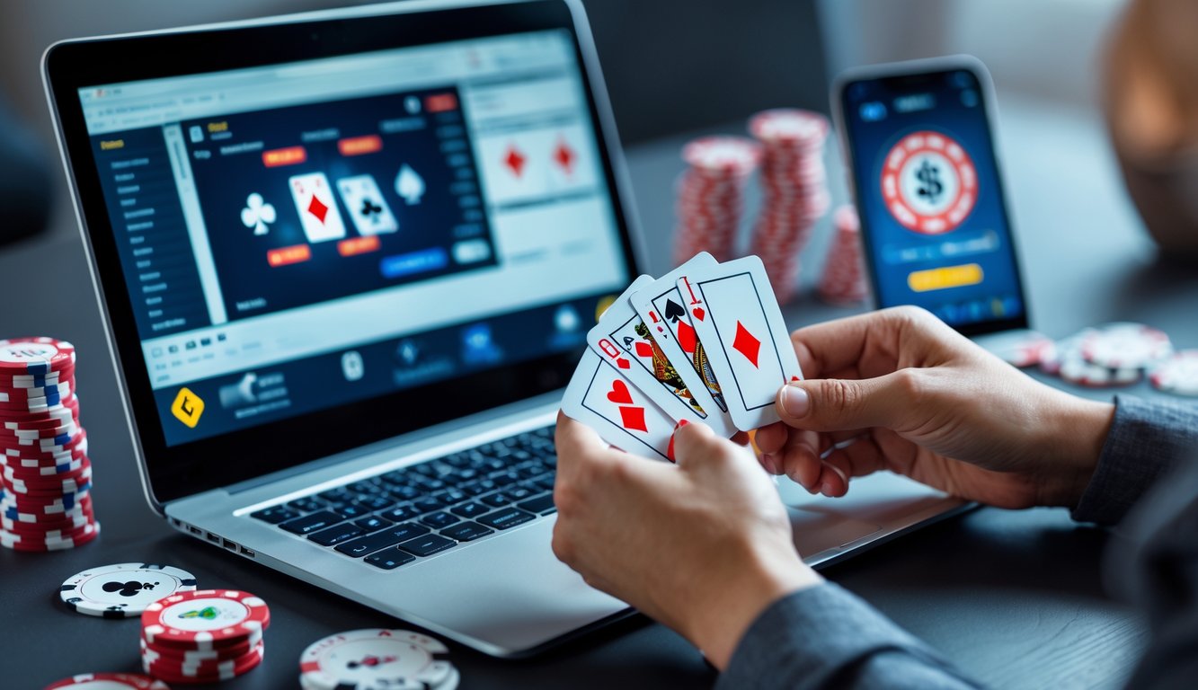 Seorang pemain sedang memegang kartu poker di depan komputer dengan chip poker dan ponsel di meja.