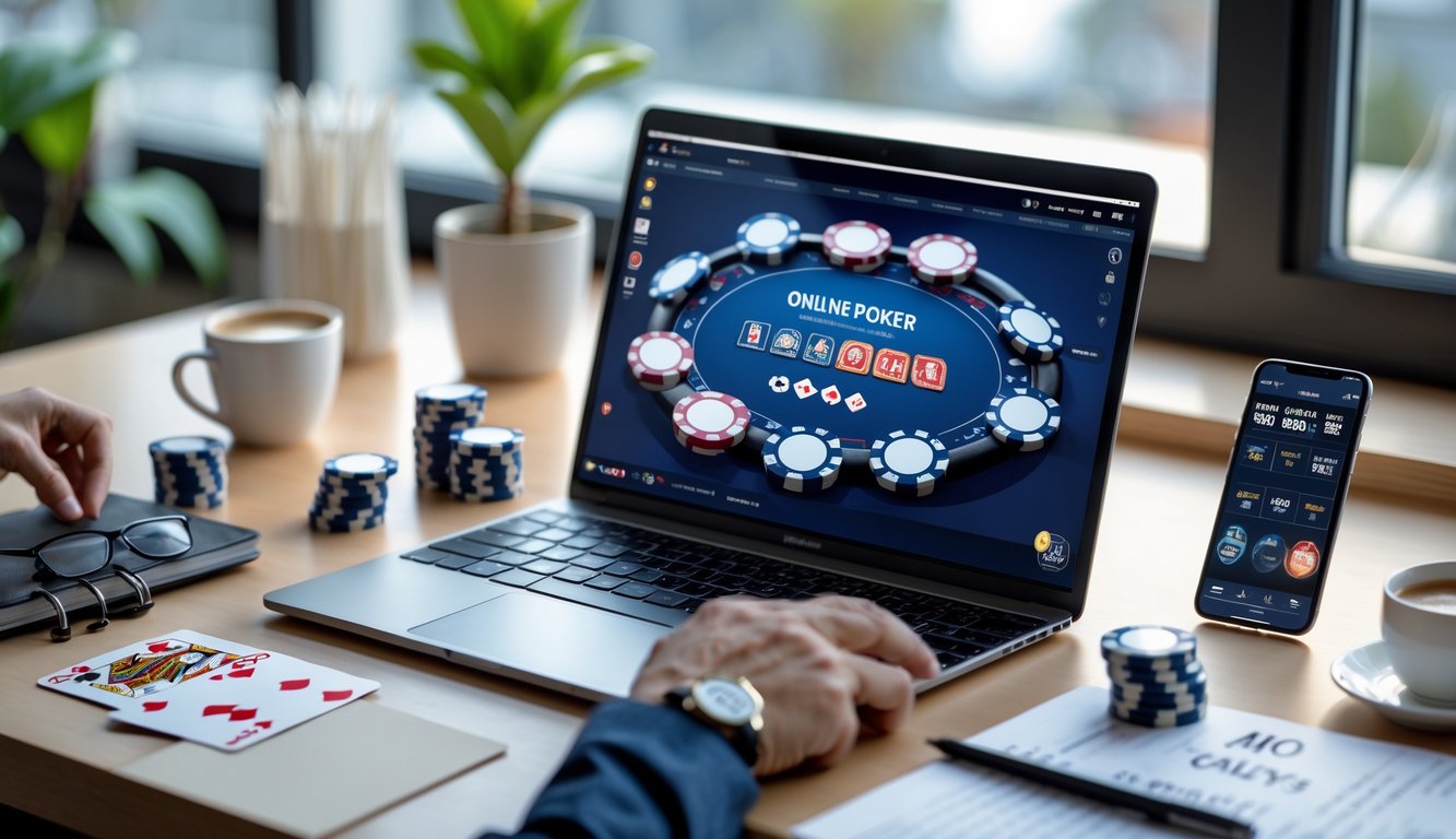Seorang pemain poker online sedang menggunakan laptop dengan chip poker dan kartu di meja, suasana fokus dan profesional.