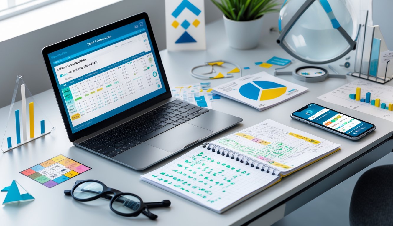 Meja kerja modern dengan laptop, catatan, dan ponsel yang menampilkan data dan pola prediksi togel.