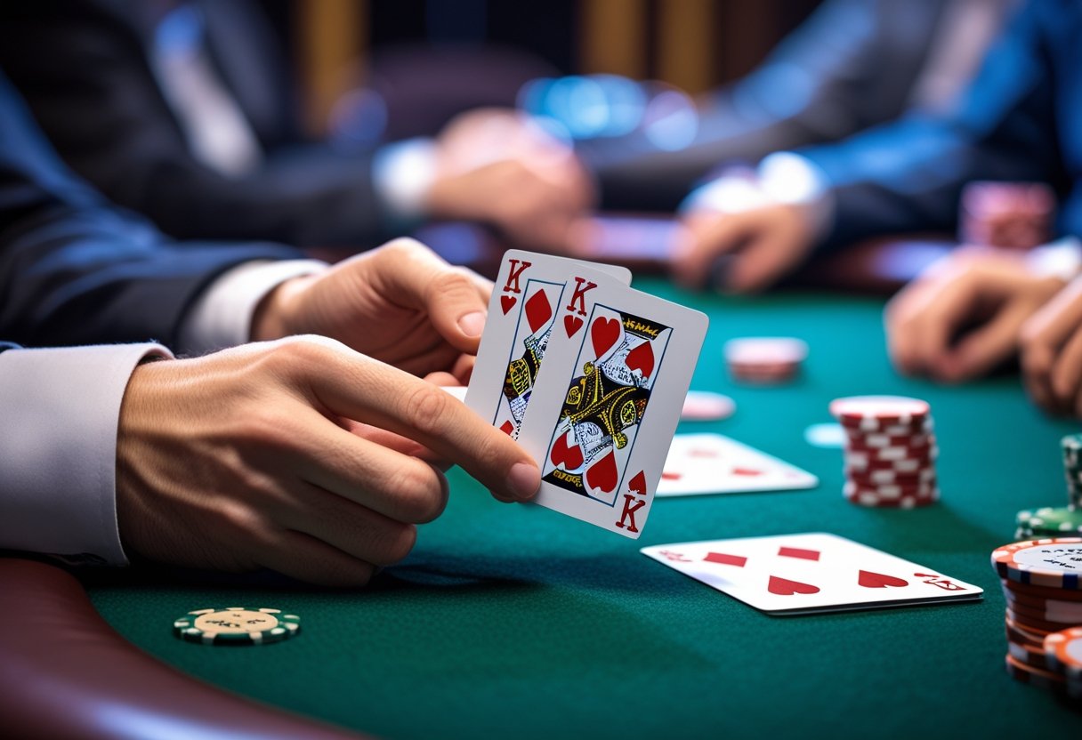 A poker player holding two pairs of cards at a poker table with chips and other players in the background.