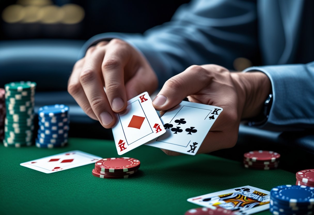 Close-up of a player's hand holding five playing cards showing two pairs, with poker chips on a green felt table.