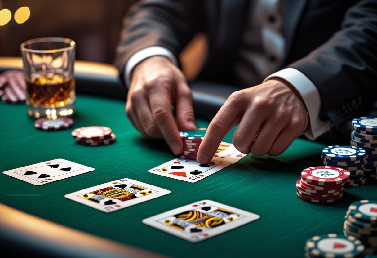 Close-up of a poker table showing two pairs of playing cards and poker chips with a dealer's hand placing a chip.
