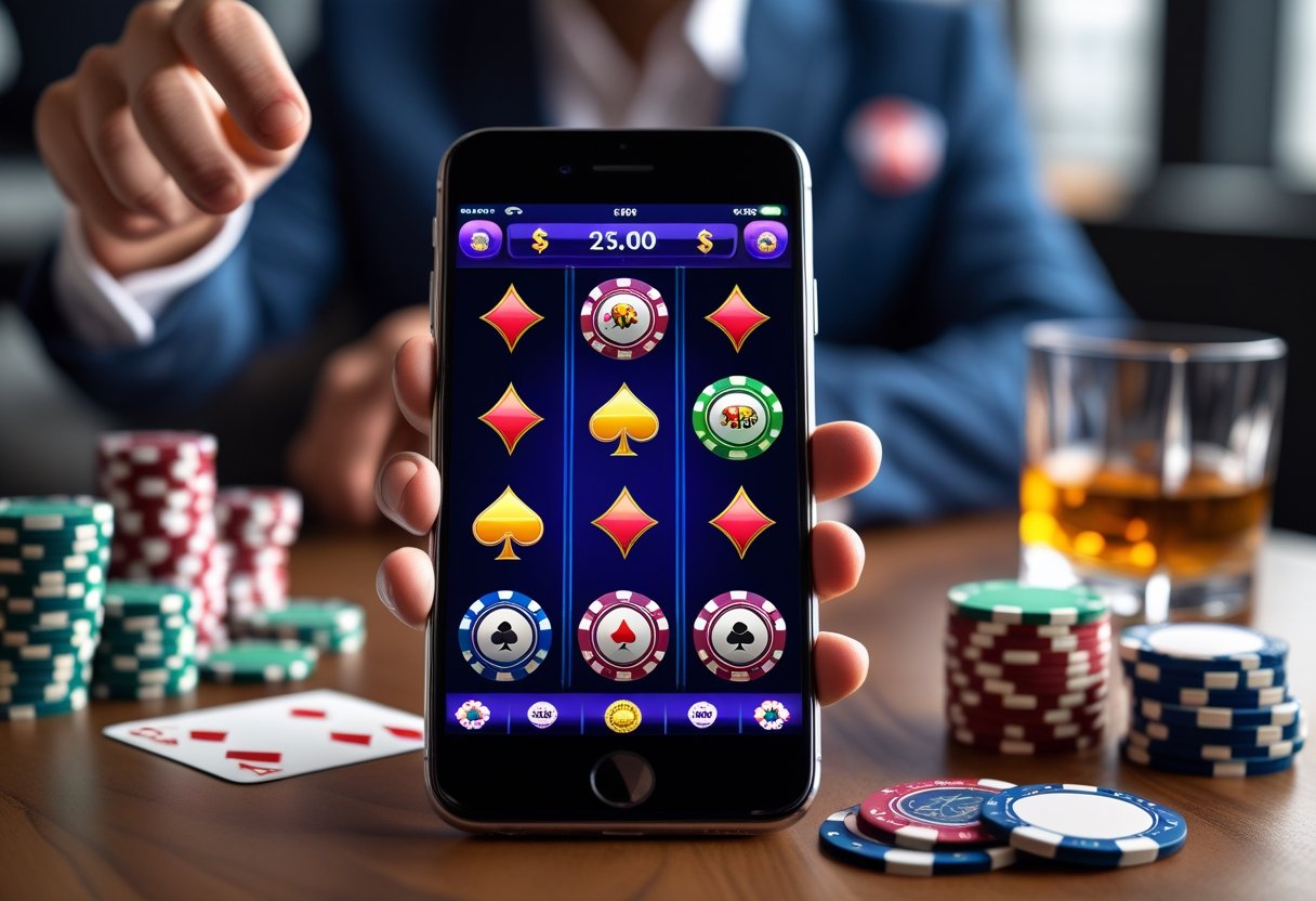 A person holding an iPhone showing a colorful casino app screen with poker chips and playing cards on a table nearby.