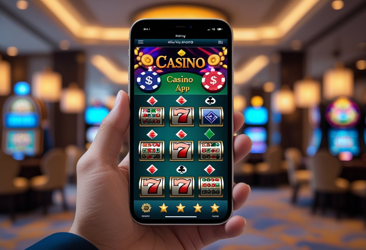 A hand holding an iPhone showing a colorful casino app interface with slot machines and poker chips.