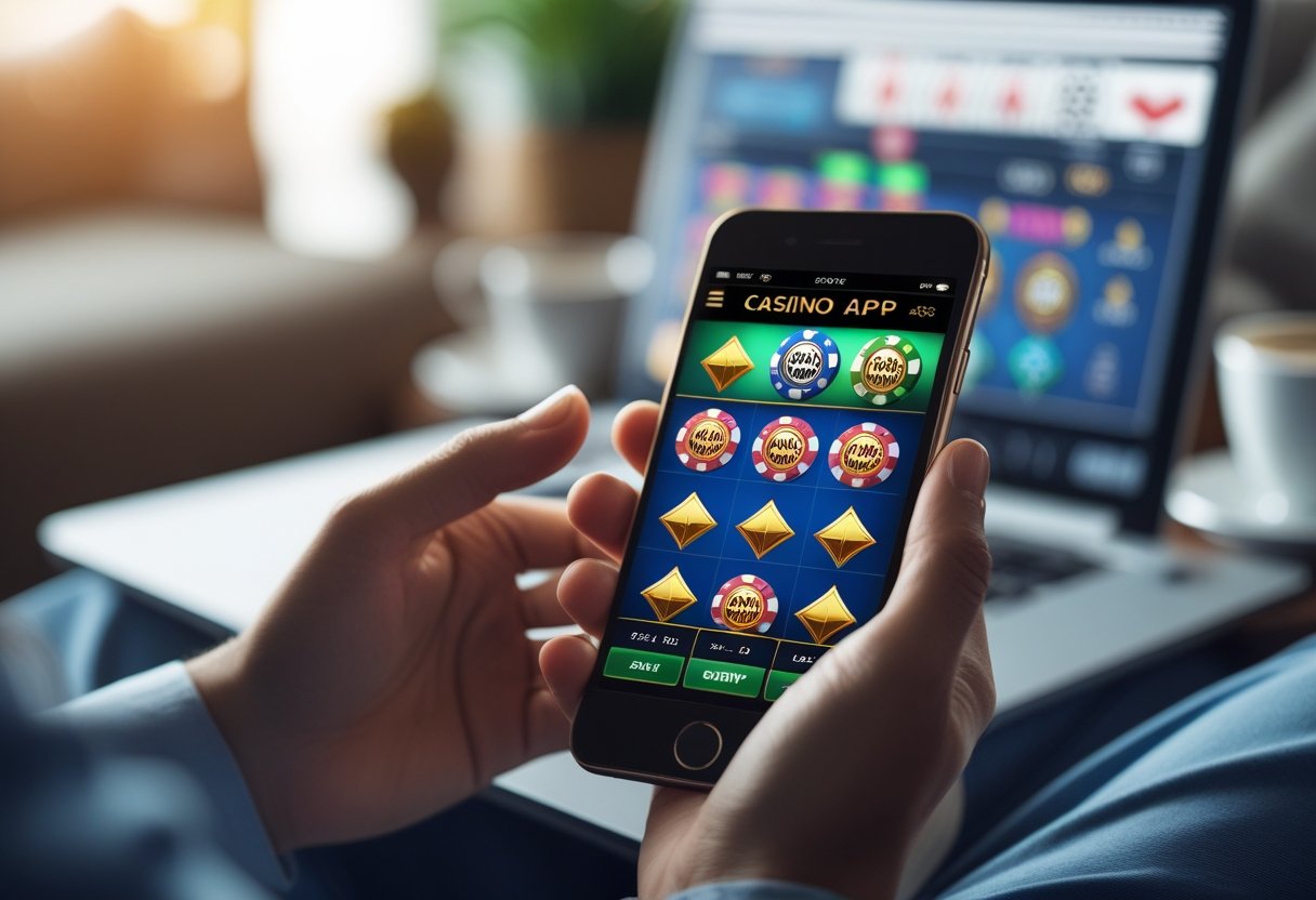 Person holding an iPhone playing an online casino game in a bright, comfortable indoor setting.
