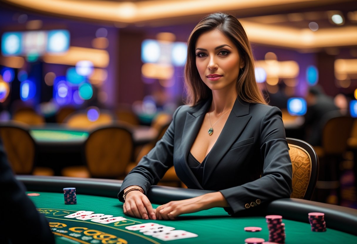 A confident female poker player sitting at a poker table holding cards with poker chips on the table in a casino setting.