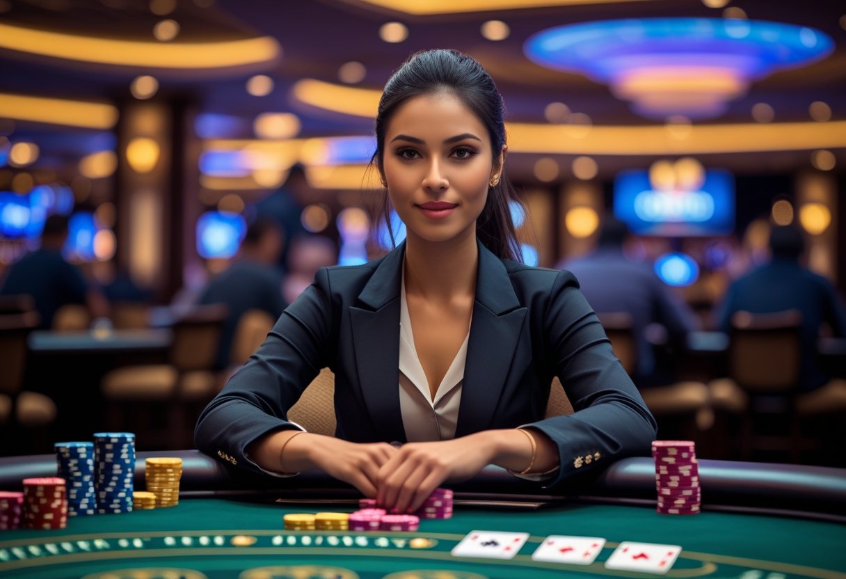 A focused female poker player sitting at a poker table with poker chips and cards in a casino.