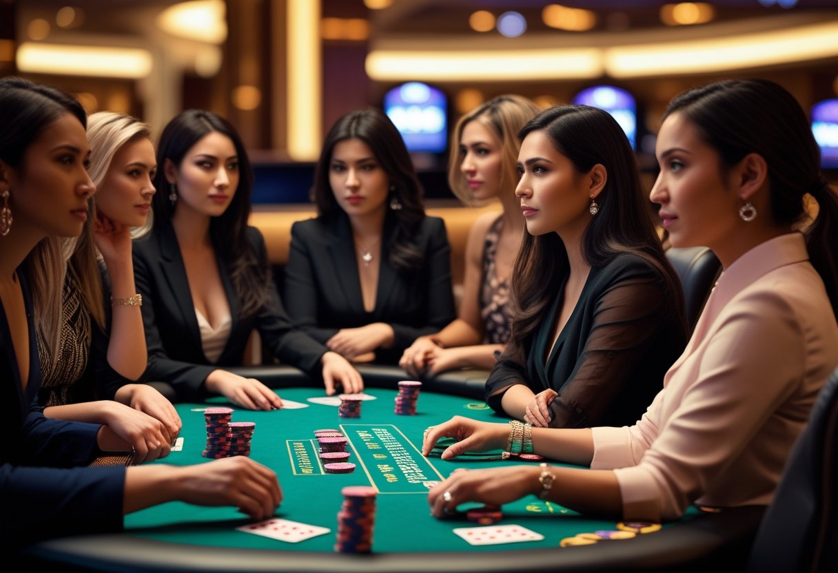A group of diverse female poker players sitting around a poker table, focused and engaged in a game in a casino.