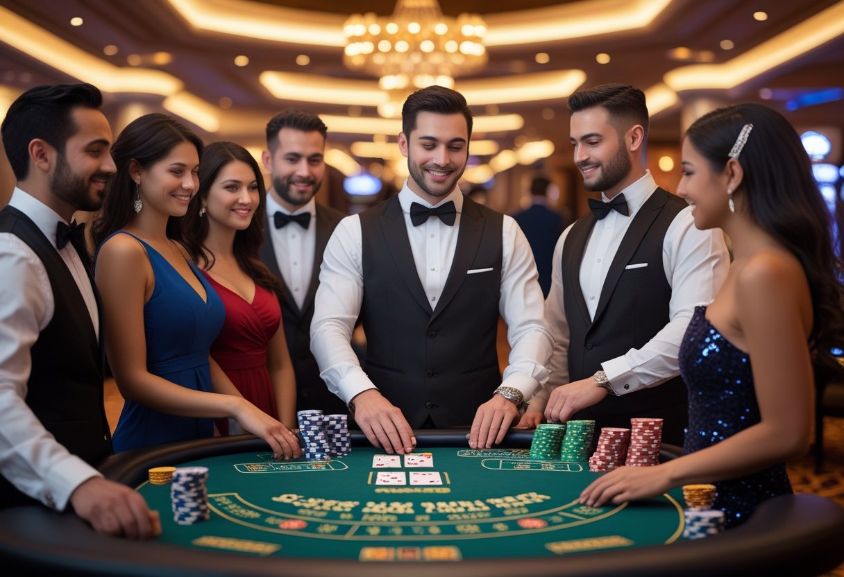 A group of well-dressed people politely playing blackjack at a casino table with a dealer in a luxurious casino setting.