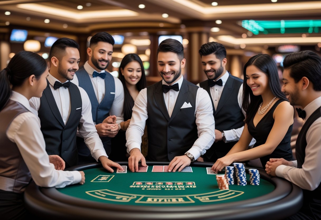 A group of well-dressed players and a dealer interacting respectfully around a blackjack table in a casino.